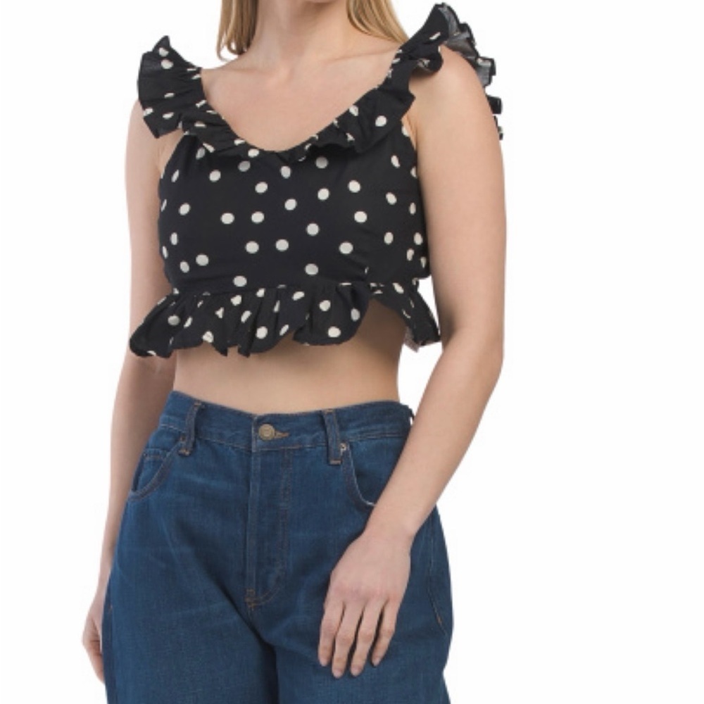 Elegant Black and White Polka Dot Ruffle Crop Top